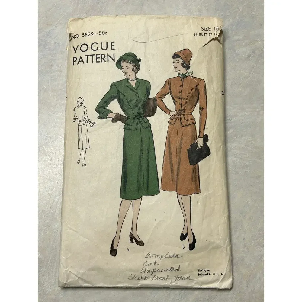Vintage 1940's Vogue Pattern #5829 WWII Era Dresses Size 16‎ Bust 34